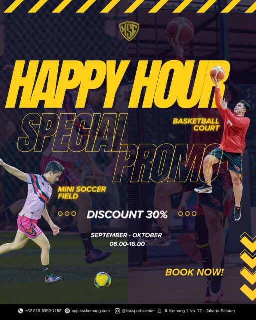 Siapa nih yang hobi olahraga di pagi hari sampai sore hari? 
Yukk langsung ke @kscsportcenterkemang 
Lagi  ada promo happy hour  30% 
untuk lapangan mini soccer dan basketball
 dari tanggal 23 September sampai 31 Oktober 2025 di jam 06.00-16.00 WIB.

Untuk booking lapangan bisa langskung klik link yang ada di bio kita ya guys 🔥🔥

@kscsportcenterkemang | Minisoccer & Basketball Court | Jl. Kemang 1 No. 72 | Booking & Info : 081953991188 

#kscsportcenterkemang #minisoccerjakarta #minisoccerjakartaselatan #minisoccerkemang #infokemang #kemangjakarta #basketjakarta #lapanganbasketjakarta #infojakartaselatan #lapanganolahraga