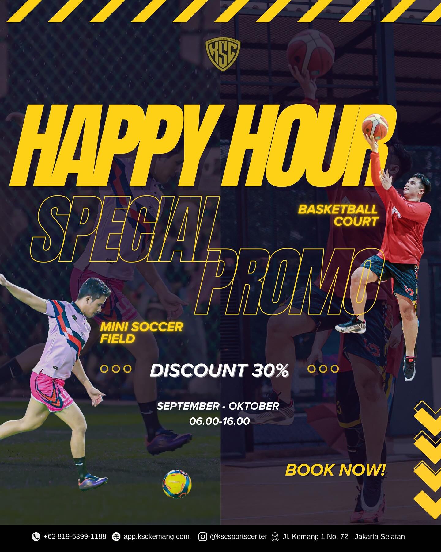 Siapa nih yang hobi olahraga di pagi hari sampai sore hari? 
Yukk langsung ke @kscsportcenterkemang 
Lagi  ada promo happy hour  30% 
untuk lapangan mini soccer dan basketball
 dari tanggal 23 September sampai 31 Oktober 2025 di jam 06.00-16.00 WIB.

Untuk booking lapangan bisa langskung klik link yang ada di bio kita ya guys 🔥🔥

@kscsportcenterkemang | Minisoccer & Basketball Court | Jl. Kemang 1 No. 72 | Booking & Info : 081953991188 

#kscsportcenterkemang #minisoccerjakarta #minisoccerjakartaselatan #minisoccerkemang #infokemang #kemangjakarta #basketjakarta #lapanganbasketjakarta #infojakartaselatan #lapanganolahraga